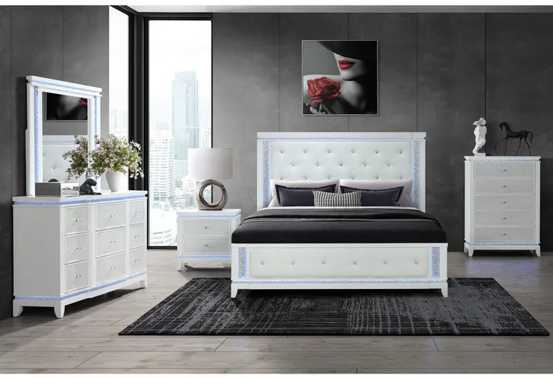 Alina White Queen Bedroom Set with LED Lights, USB Ports, Cooler, and Bluetooth Speaker