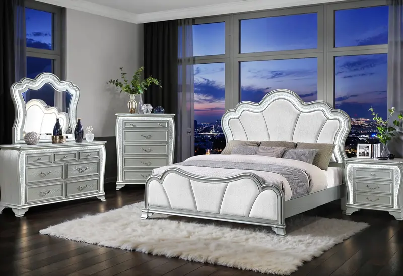 Aria Silver Queen Bedroom Set – Bed, Nightstands, Dresser & Mirror