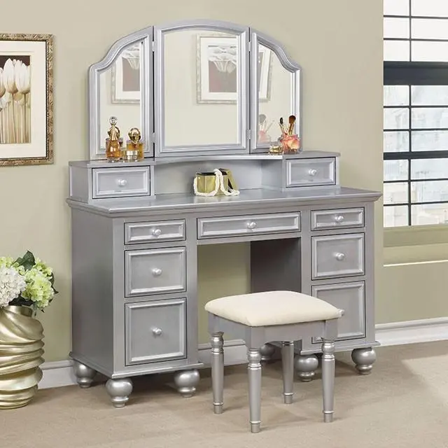 Athy Silver-Toned Vanity Desk with Coordinating Stool