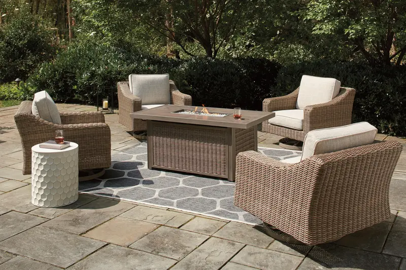 Beachcroft Fire Pit Table with Four Nuvella Swivel Lounge Chairs