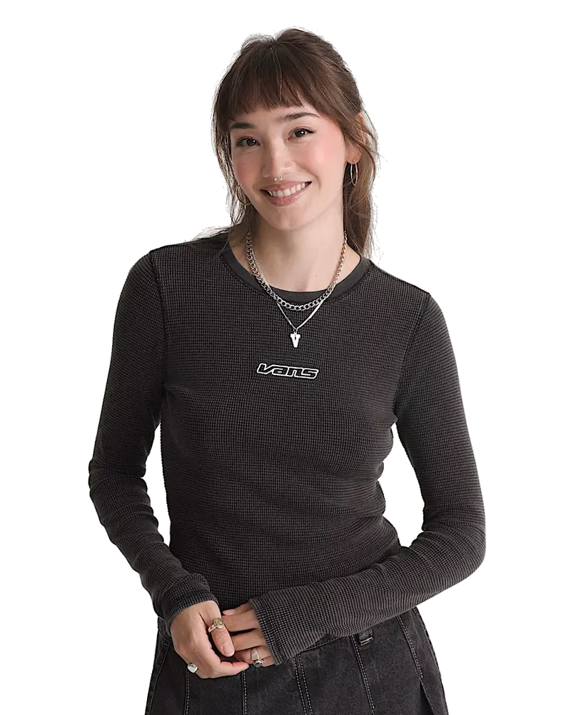 Black Teri Waffle Knit Long Sleeve Tee