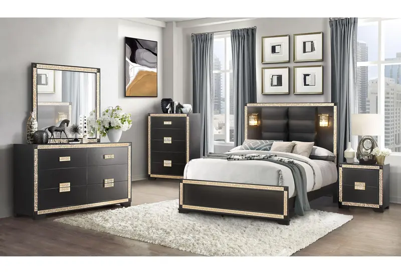 Blake Black-and-Gold King Bedroom Bundle – Bed, Dresser, Mirror, Two Nightstands & Chest
