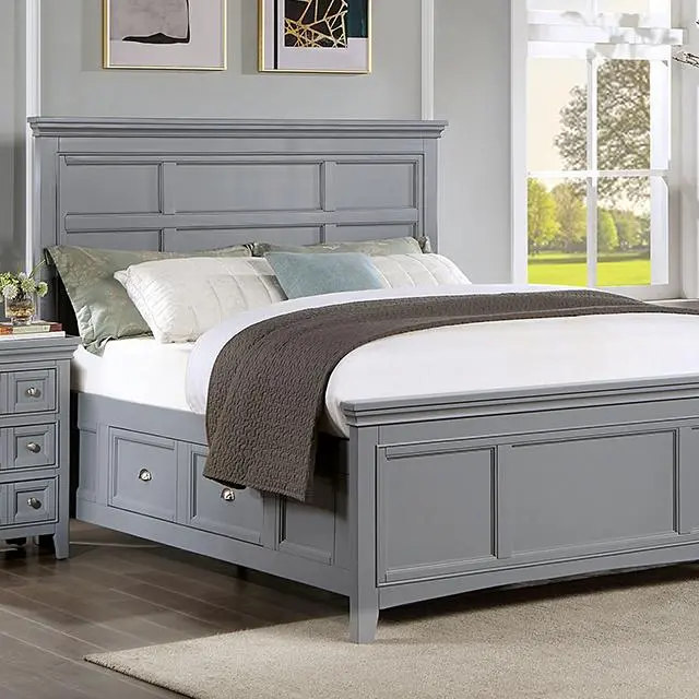 CASTLILE Gray Fabric-Enhanced Queen Bed with Button-Tufted Headboard