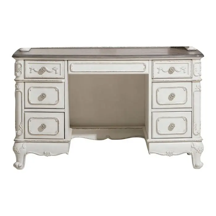 Cinderella Antique White Writing Desk with Distressed Gray Rub-Through Detailing