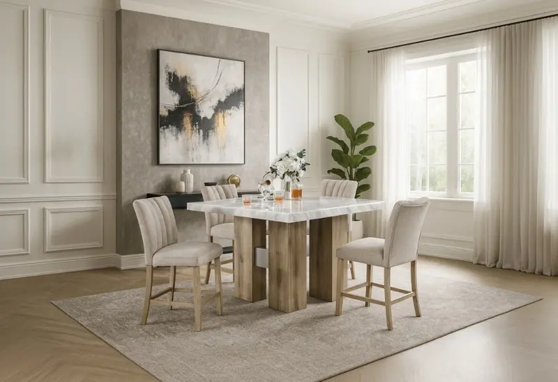 D04 Natural Bar Table with 6 Beige and Natural D8685 Bar Stools