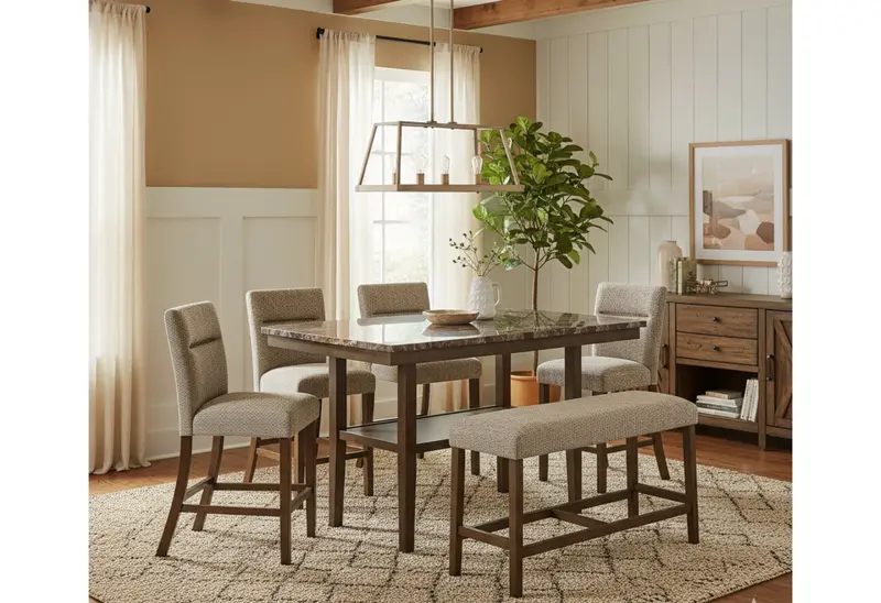 D4355 Brown Bar Table Set: Four Stools Plus Built-In Bench
