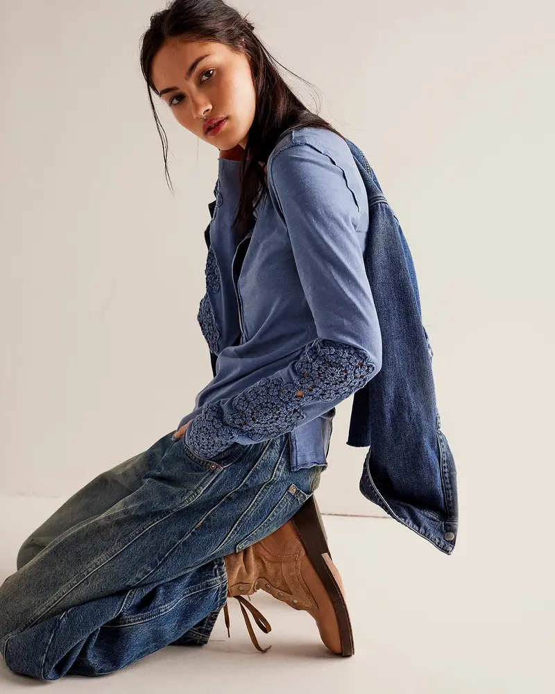 Denim Grey Henley-Style Cuff Top