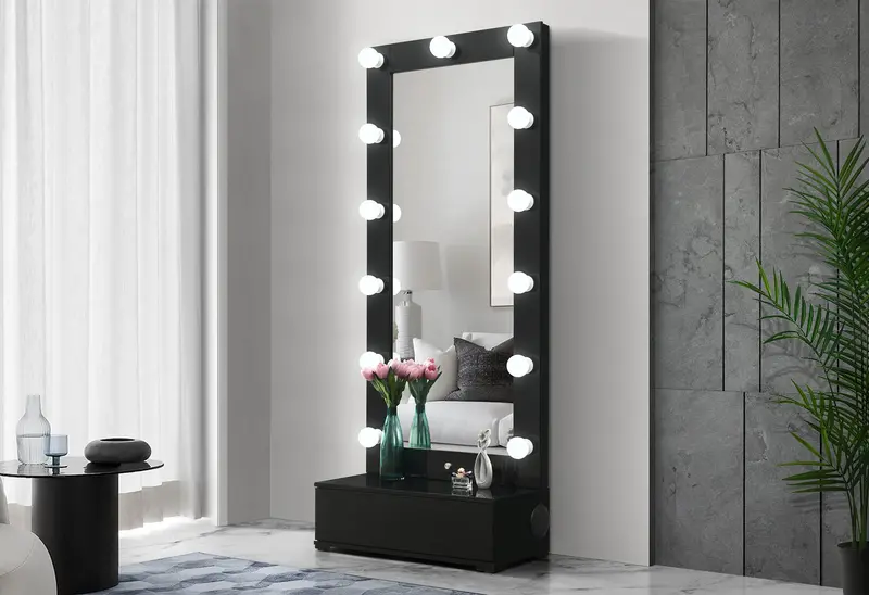 Ella Black Narrow Floor Mirror with Hidden Drawer and Bluetooth Speaker