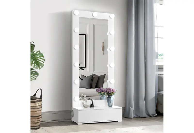 Ella White Slim Full-Length Mirror with LED Lights and Bluetooth Speaker