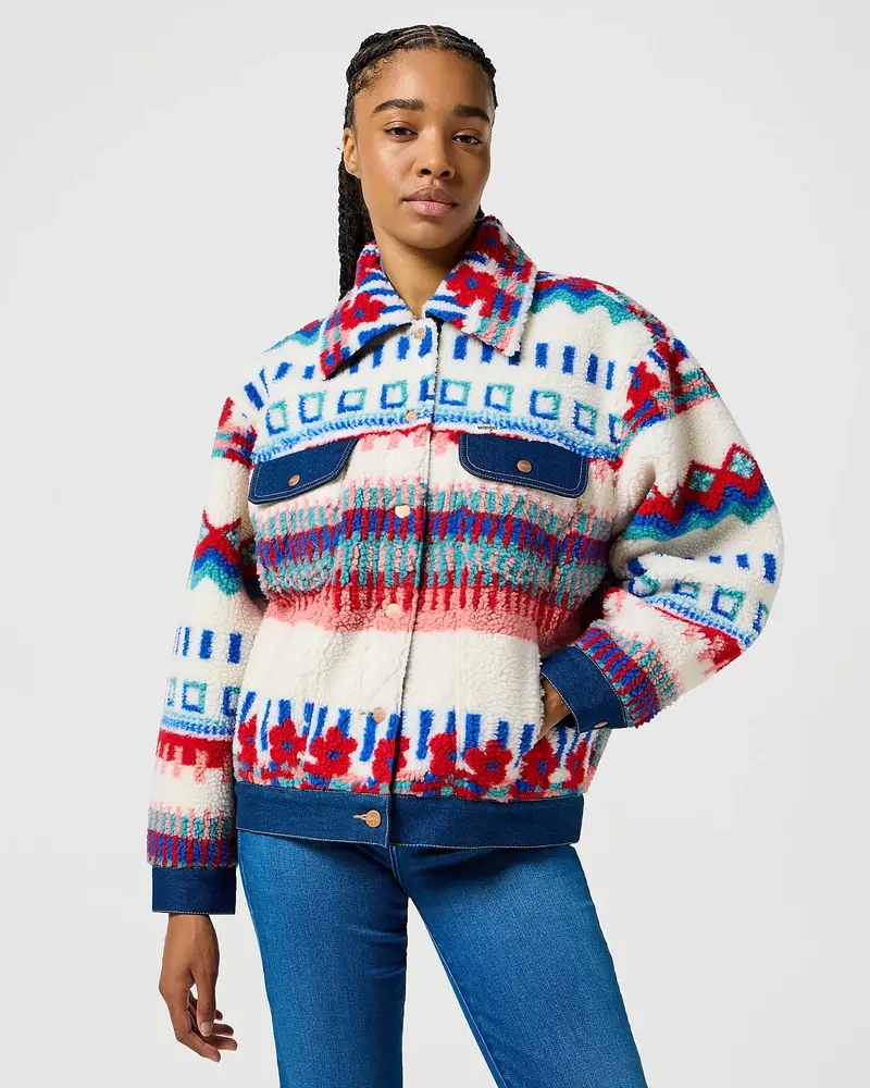 Fun Floral Sherpa Trucker Fleece Jacket