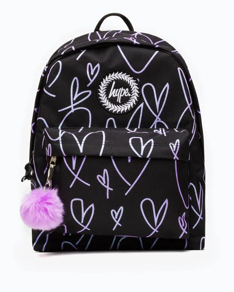 Glitter Scribble Heart Black and Purple Backpack