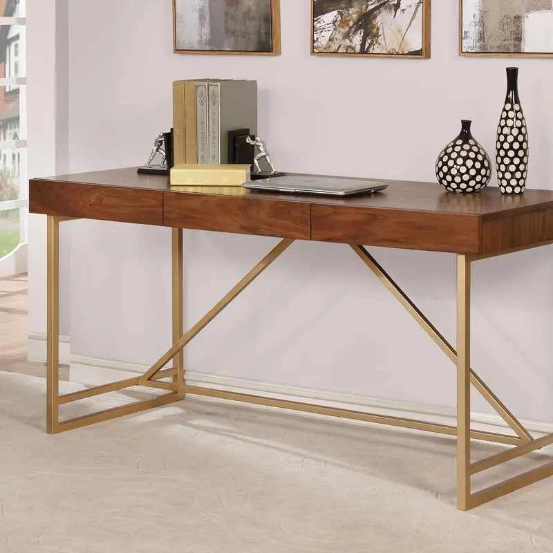 Halstein Light Walnut Desk with Gold Accents