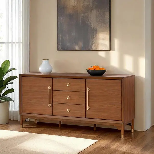 Hepburne Rustic-Chic Wooden Server with Open Shelving and Drawers