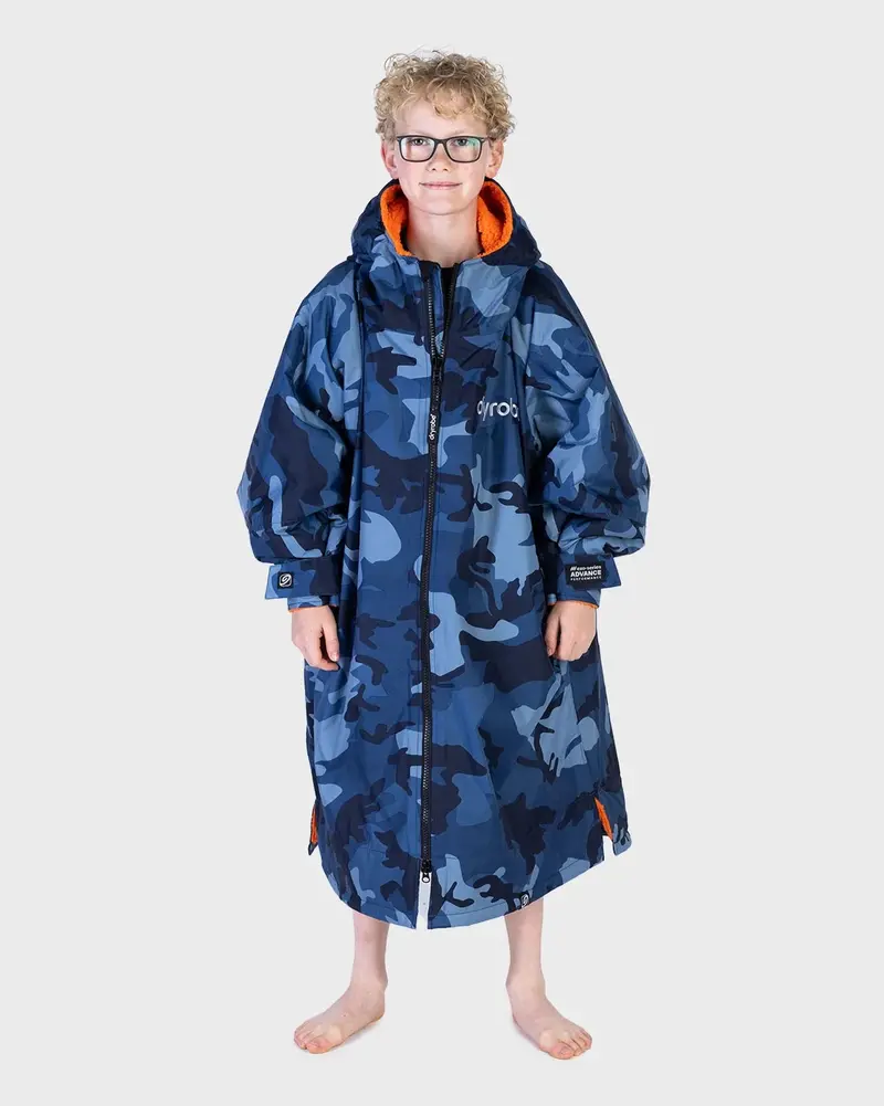Kids Advance Long Sleeve Dryrobe in Blue Camo with Orange Trim