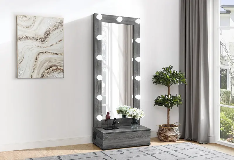 LEXI Grey Tall Mirror with Hidden Drawer and Built-in Speakers