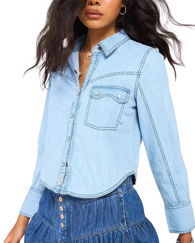 Light-Wash Faded Shrunken Indigo Denim Shirt