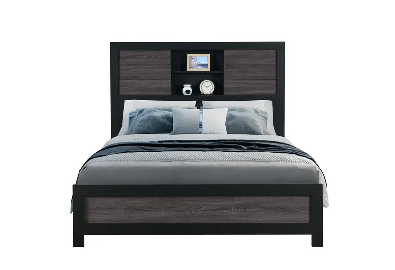 Lisbon Grey-and-Black Bookcase Full-Size Bed