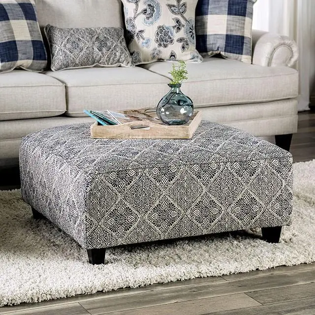 Nash Tufted Ottoman in Ivory and Navy Fabric