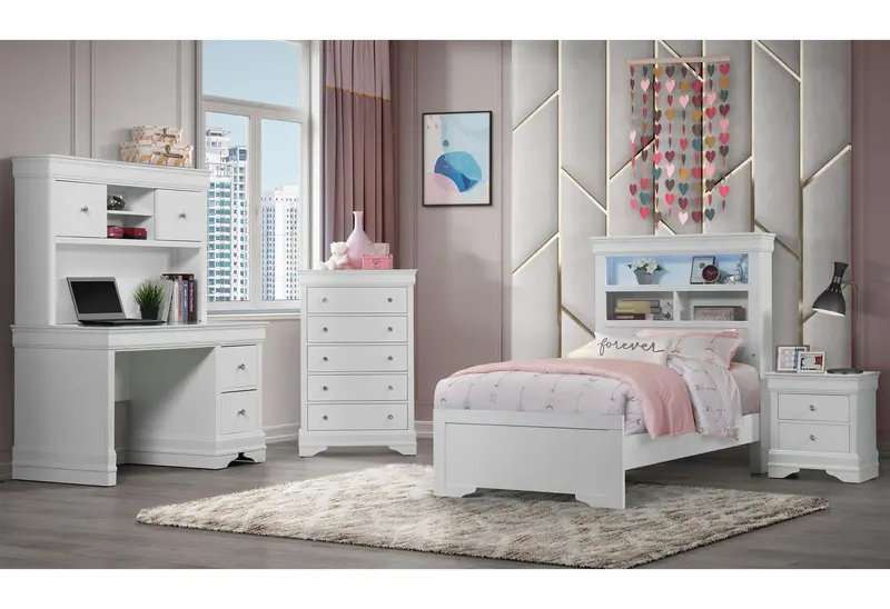 Pompei Twin Bed with Built-in LED Lighting and Matching Bookcase