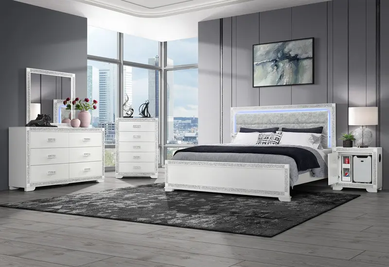 SOLEIL White Queen Bed Set with Integrated Cooler & Bluetooth Speaker