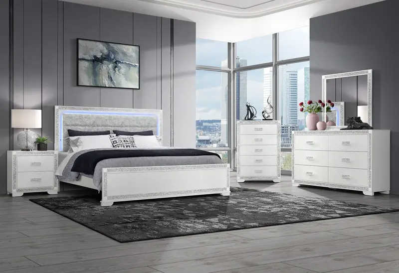 SOLEIL White Queen Bedroom Set – Bed, Nightstand, Mirror & More