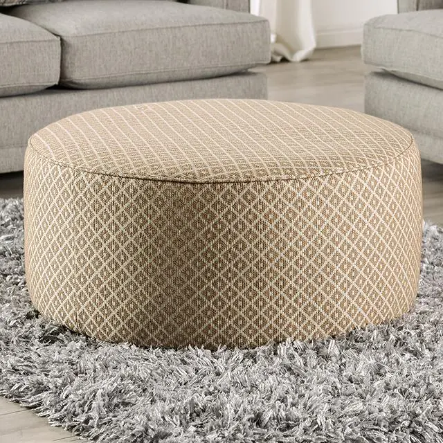 STEPHNEY Tufted Ottoman – Gray Fabric with Gold Accents