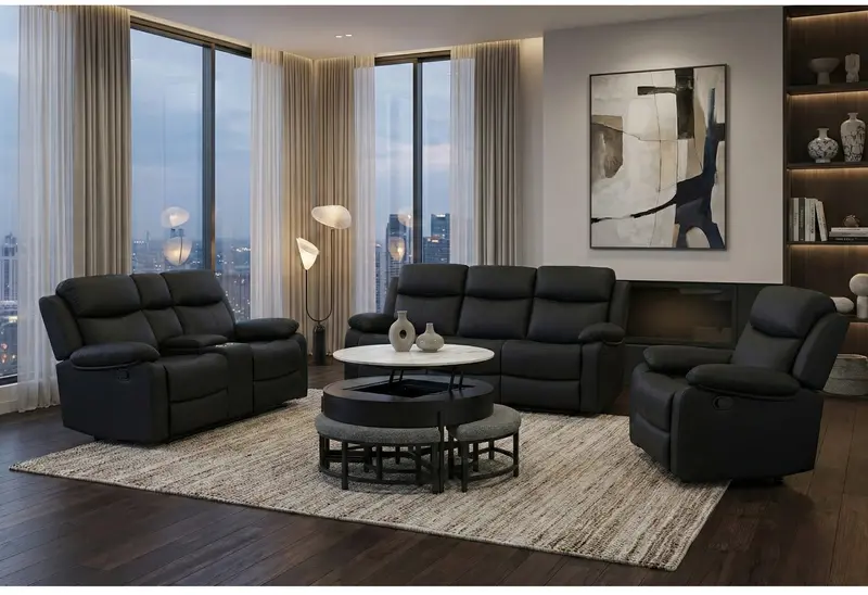 T42 Matte Black Coffee Table Ensemble with Three Stools