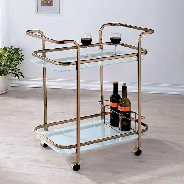 TIANA Elegant Champagne Serving Cart with Glass Shelving