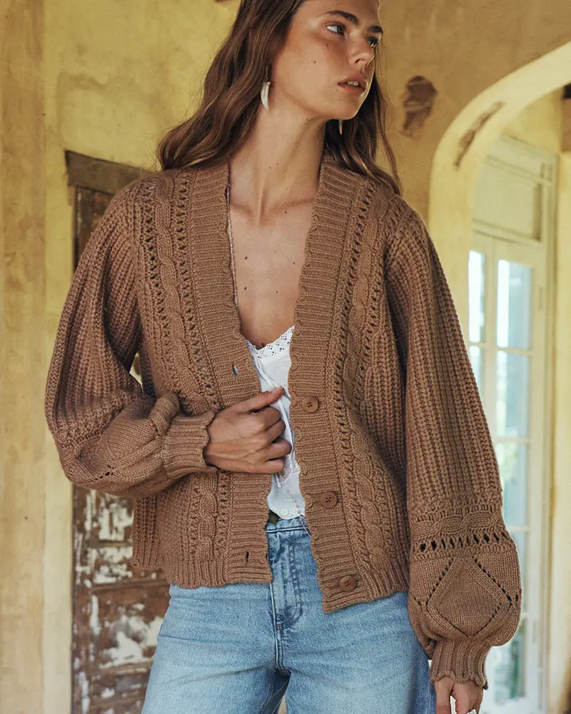 Toasted Almond Mulberry Knit Open Cardigan