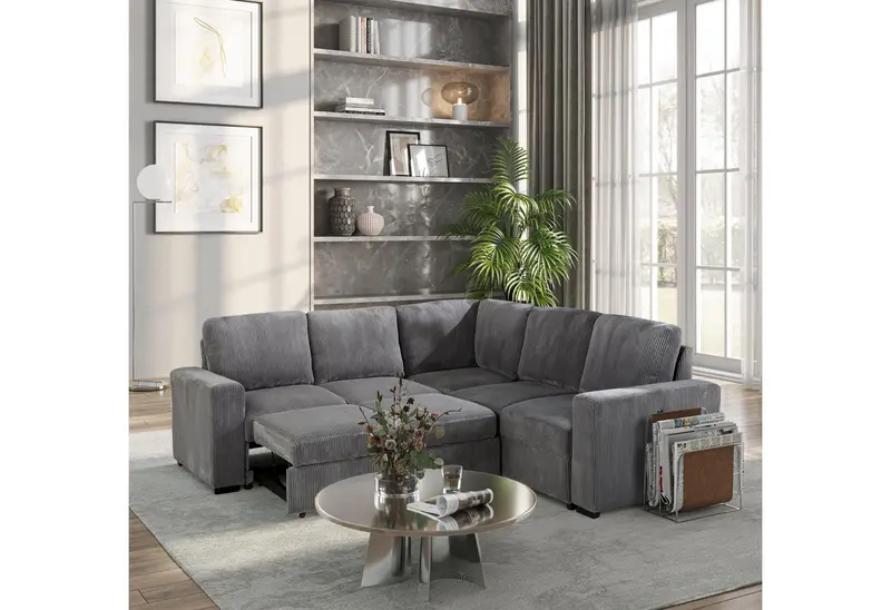 U2660 Grey L-Shaped Sectional Sofa Without Chaise and With Pull-Out Sleeper Function
