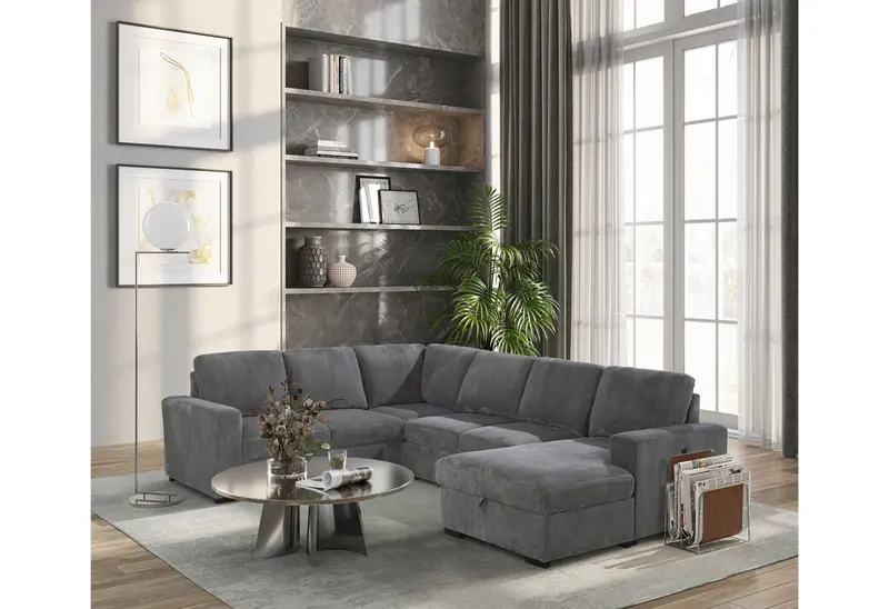 U2660 Grey Sectional Sofa with Pull-Out Sleeper Bed