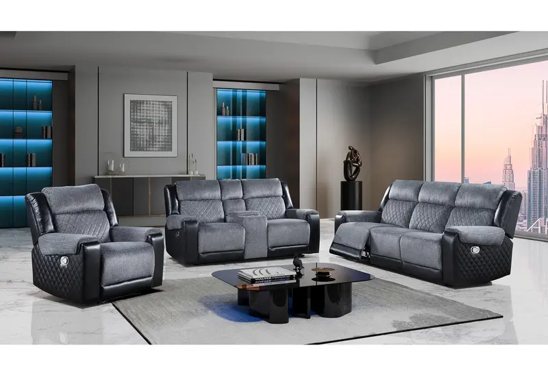 U5914 & U5915 Grey-Black Reclining Sofa and Console Loveseat with Blue LED and Surround Sound