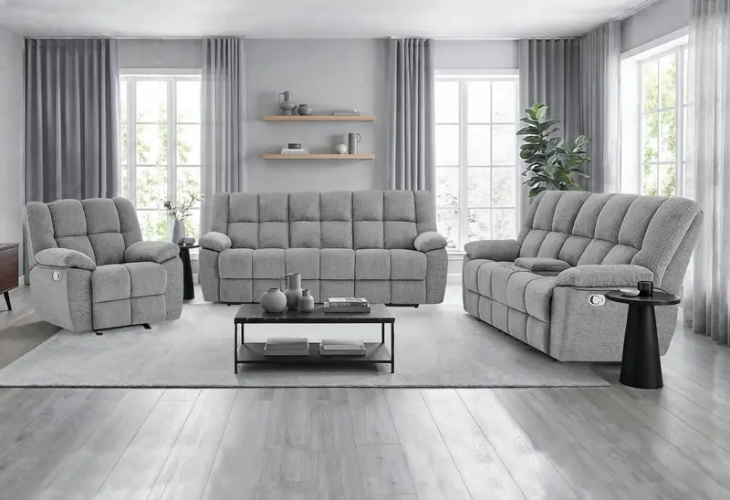 U6000 Smoke Gray Reclining Sofa, Console Loveseat, and Glider Recliner Set