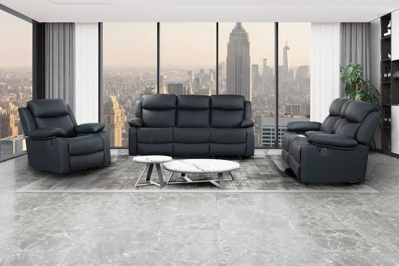 U6026 Black PU 72A Reclining Sofa, Console Loveseat, and Glider — LED & Speaker Ready