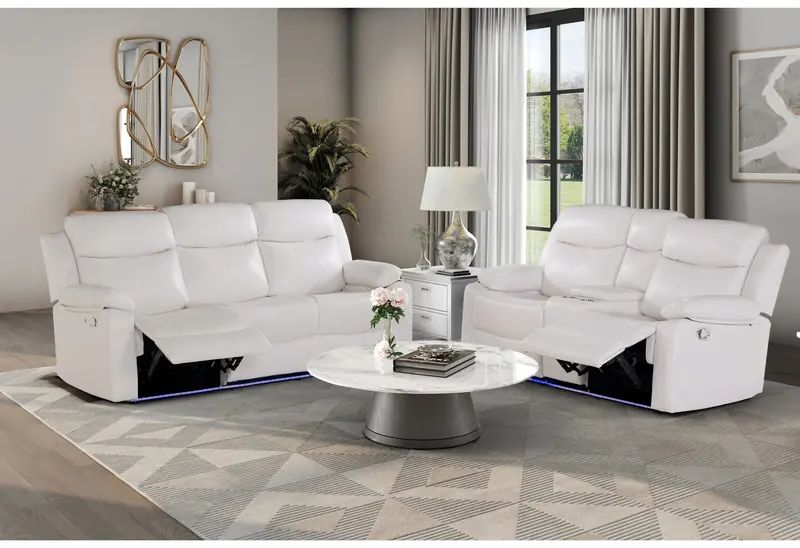 U6026 Blanche White Console Loveseat and Reclining Sofa with LED + Speaker System