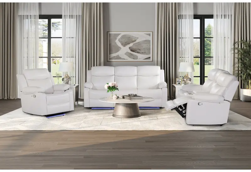 U6026 Blanche White Reclining Sofa, Console Loveseat, and Glider — All with LED & Speaker Options