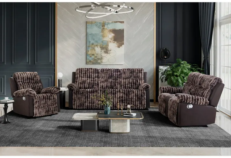 U6028 Brown Multi-Function Reclining Sofa, Console Loveseat, and Glider Recliner Set