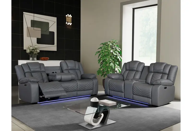 U7068/U7069 Grey 10-Outlet Power Reclining Sofa and Loveseat Set with LED Lighting and Surround Sound