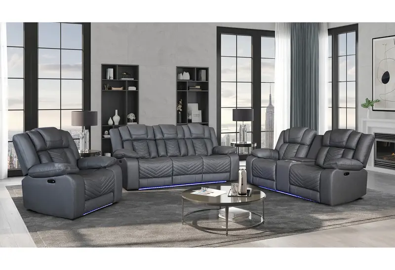 U7068/U7069 Grey 10-Outlet Power Reclining Sofa, Loveseat, and Recliner Bundle with LED and Premium Speakers
