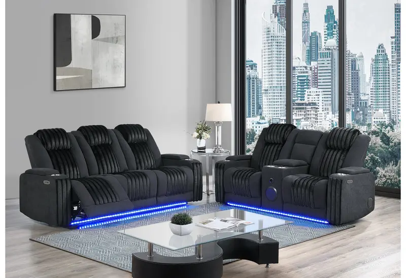 U8000 Black Modular Power Set: Reclining Sofa and Console Loveseat with Power Headrest