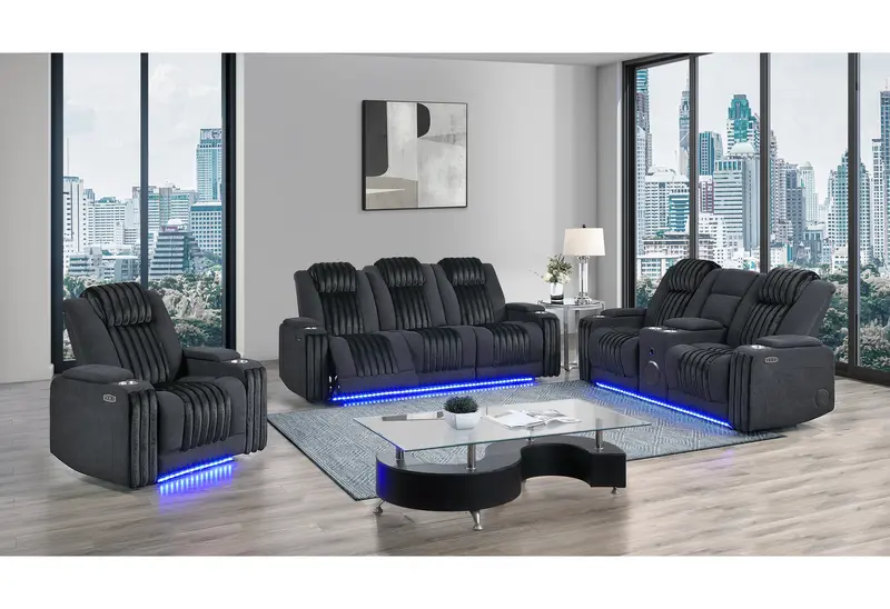 U8000 Black Power Reclining Sofa with Console Loveseat and Recliner Featuring USB Charging