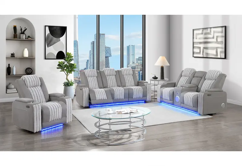 U8000 Grey Modular Power Set: Reclining Sofa, Console Loveseat, and Single Recliner with Headrest