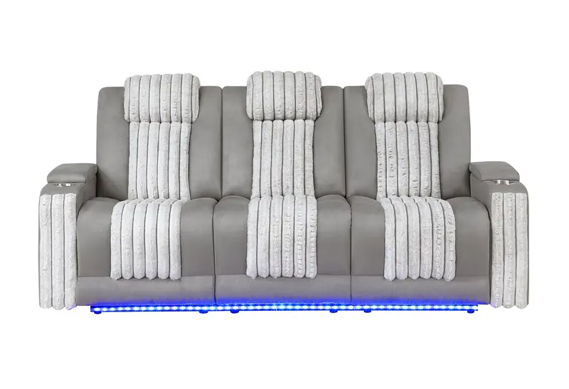 U8000 Grey Power Reclining Sofa with Power Headrest, Drop-Down Table, Reading Light, and LED Accents
