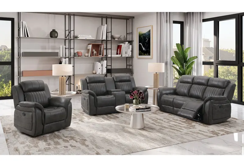 U8517 Grey Multi-Function Sectional: Reclining Sofa, Console Loveseat, and Glider Recliner