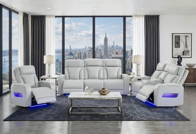 U8611 Blanche Silver P2 Modular Sectional: Power Sofa, Console Loveseat, and Single Recliner