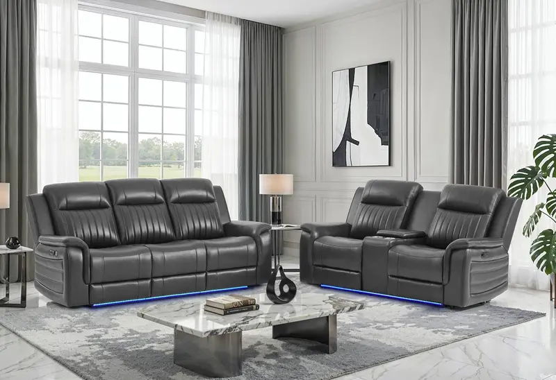 U8879 Charcoal Power Reclining Sofa and Console Loveseat with LED and Surround Sound
