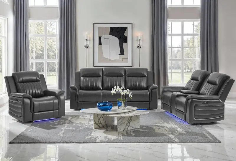 U8879 Charcoal Power Reclining Sofa and Loveseat with LED Lighting and Global Surround Sound