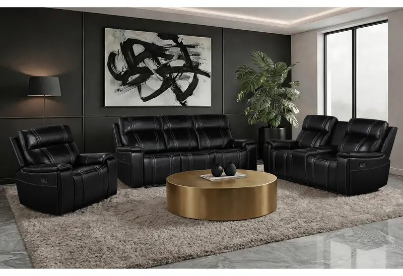 U8880 Black Leather Power Reclining Sofa and Console Reclining Loveseat