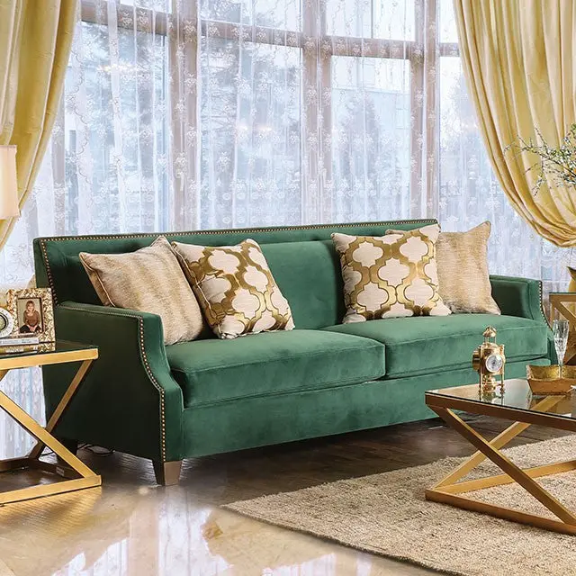 Verdante Emerald Green and Gold Three-Seat Sofa