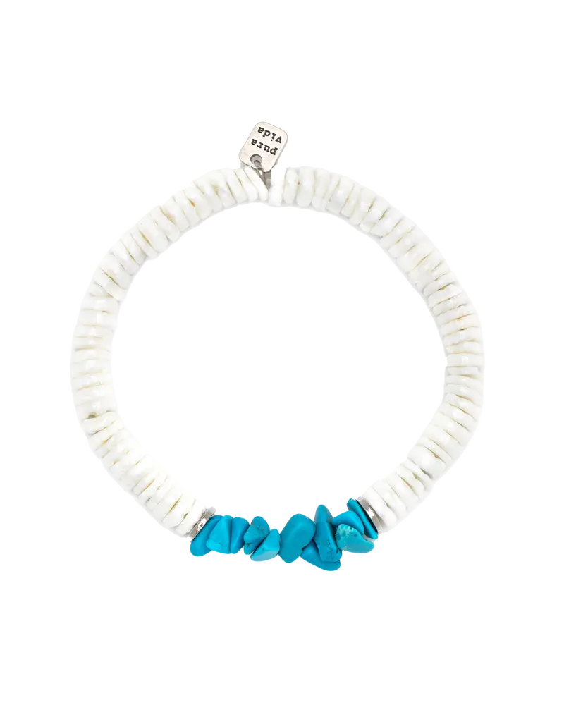 White Puka Shell Turquoise Stretch Bracelet